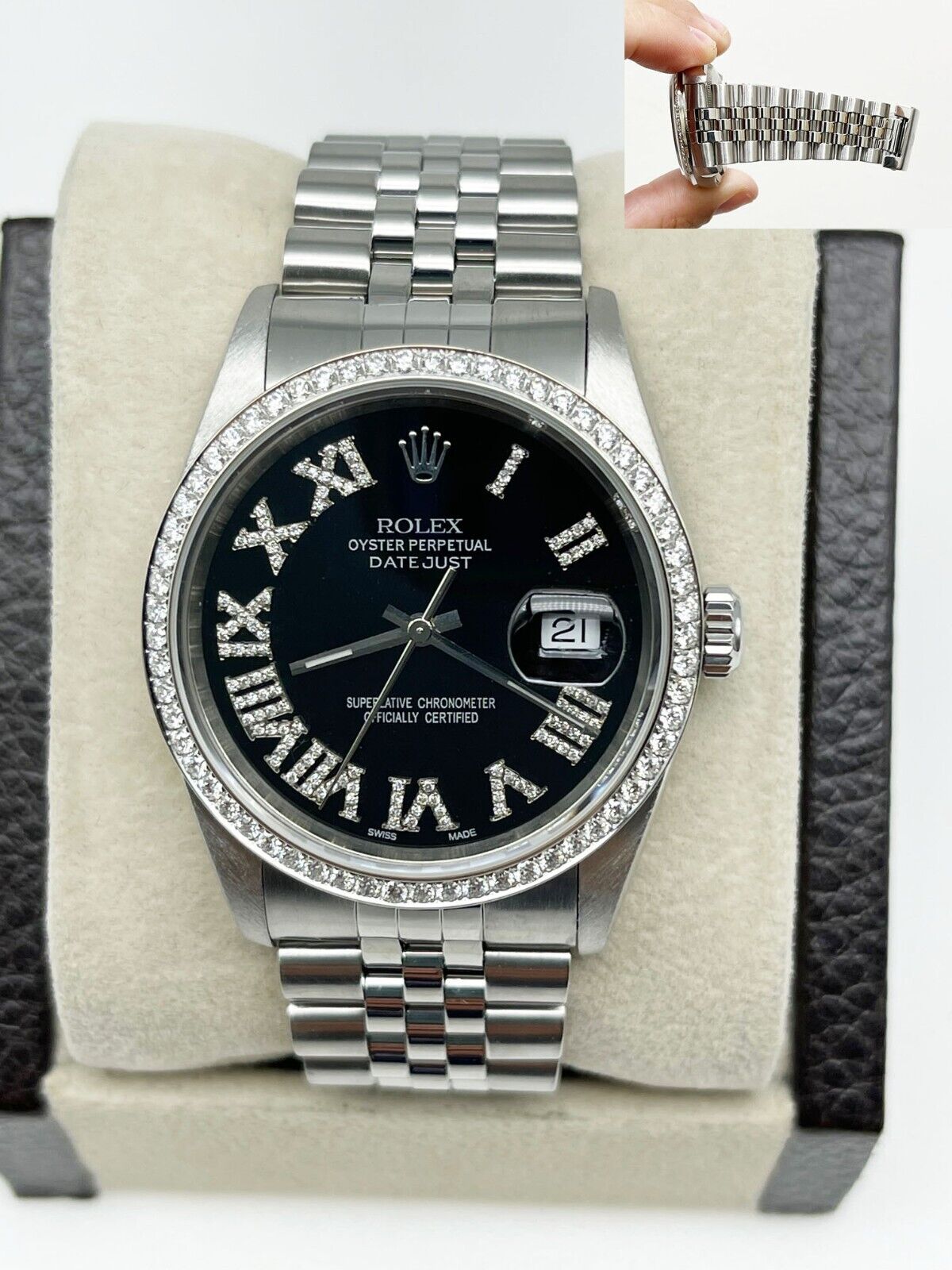 Rolex Datejust 16234 Black Roman Diamond Dial Diamond Bezel