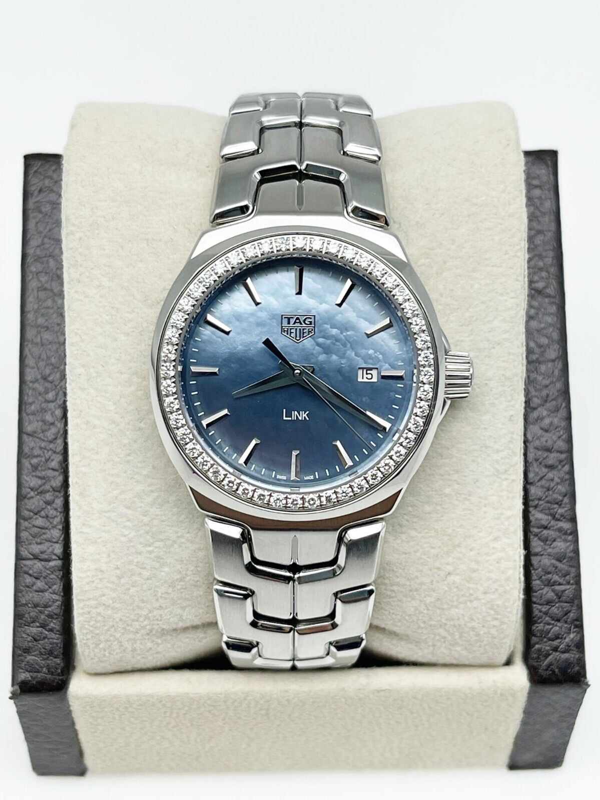 TAG Heuer Ladies Link WBC1315 Blue MOP Dial Diamond Bezel Steel Watch