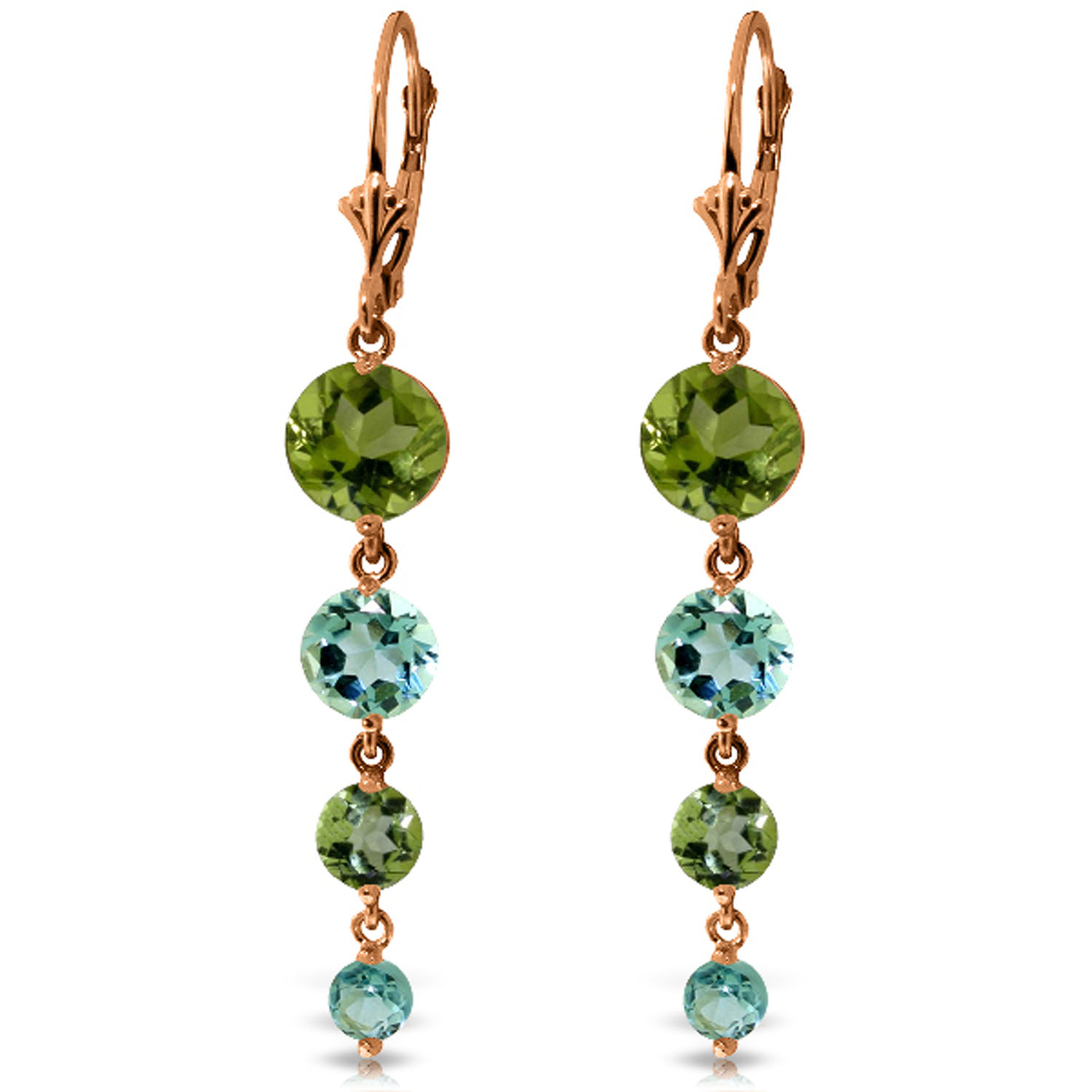 14K Solid Rose Gold Chandelier Earrings with Peridot  Blue Topaz