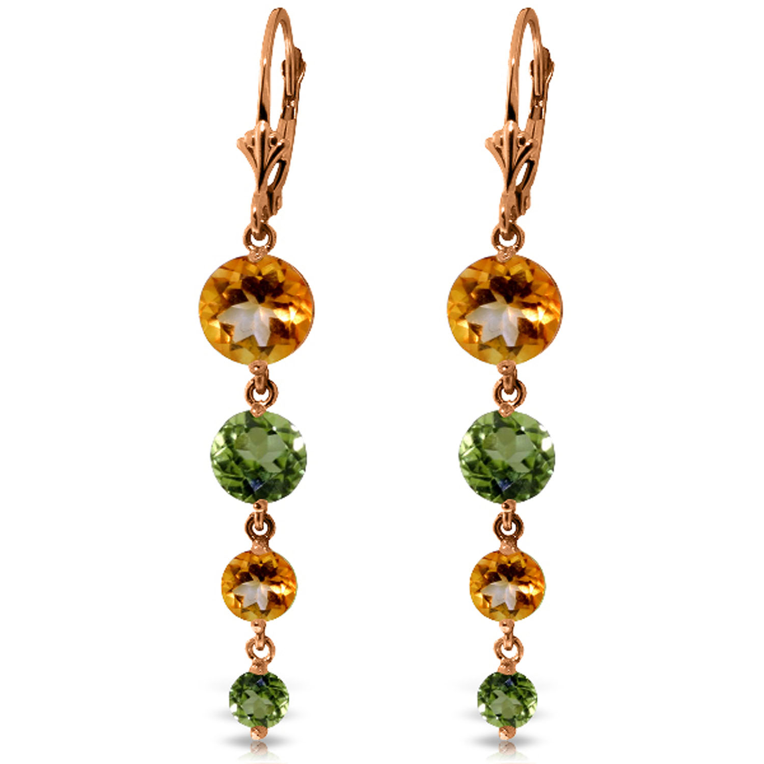 14K Solid Rose Gold Chandelier Earrings with Citrines  Peridots
