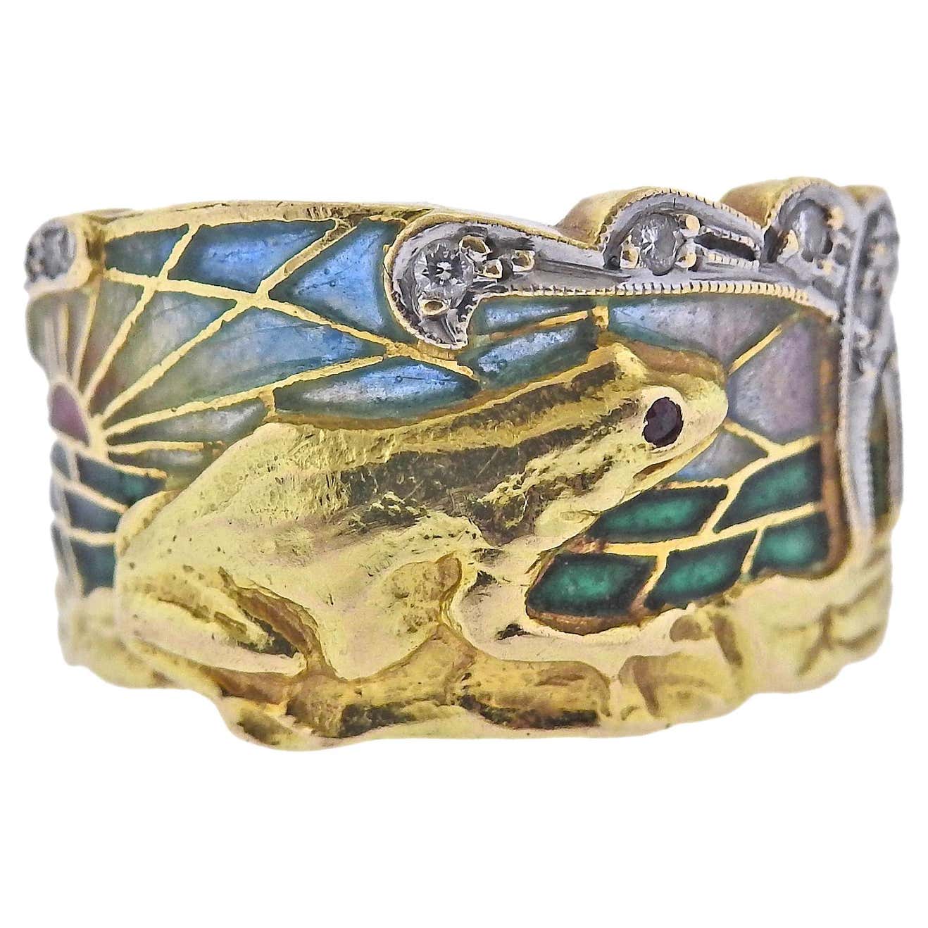 Masriera Plique-A-Jour Diamond Ruby Gold Frog Ring