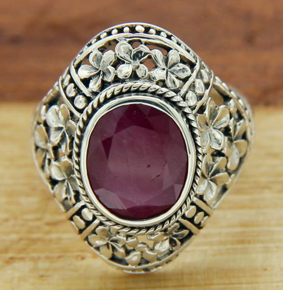 Women's Solid Sterling Silver Ruby Flower Die-Cut Bali Ring