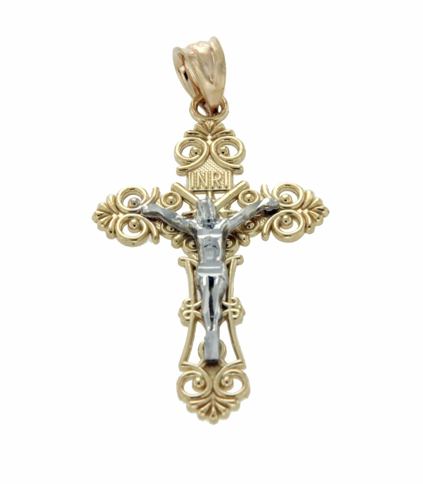 Luxo Solid 14k TowTone Gold INRI Latin Jesus Crucifix 37 mm Height Cross Pendant