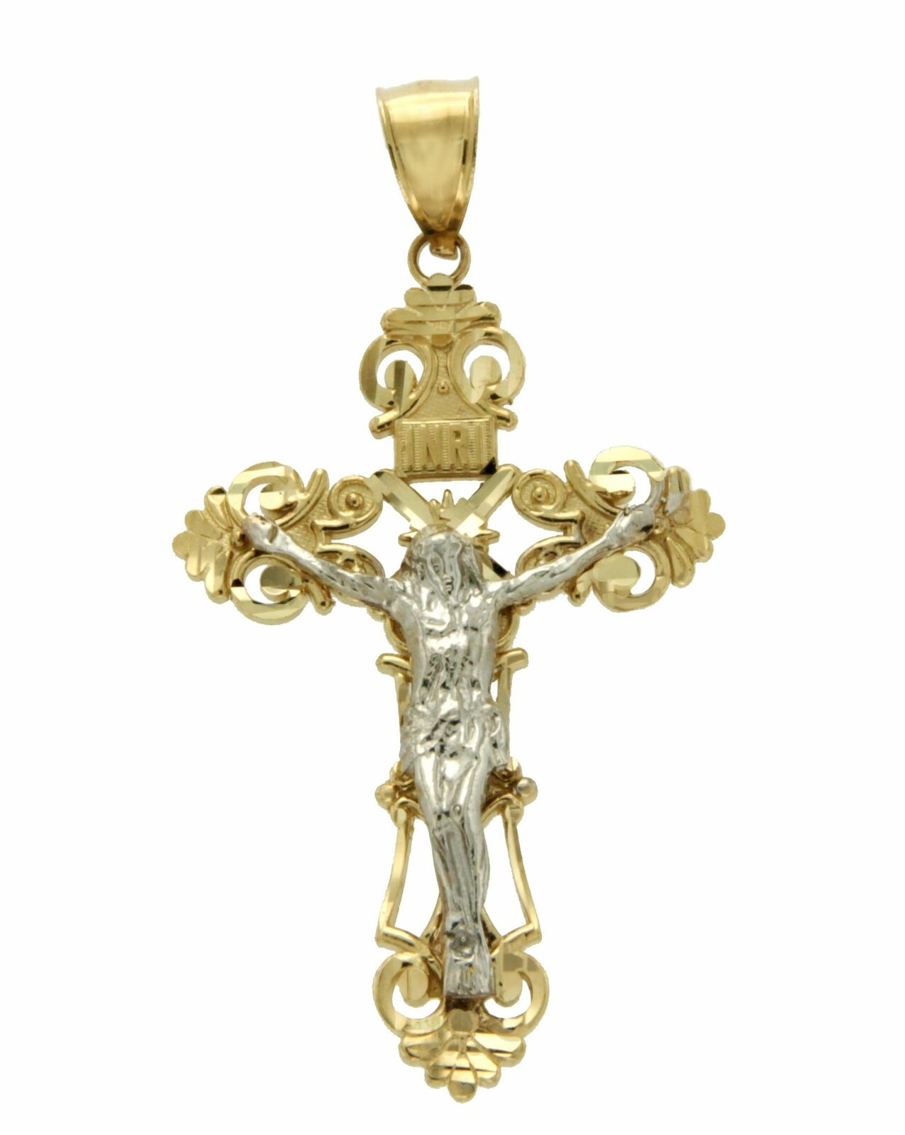 Luxo Solid 14k Tow Tone Gold INRI Latin Jesus Crucifix 1.8" Height Cross Pendant »G15