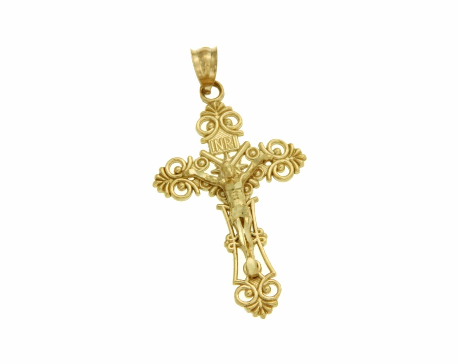 ¦Luxo Solid 14k Yellow Gold INRI Latin Jesus Crucifix 53 mm Height Cross Pendant