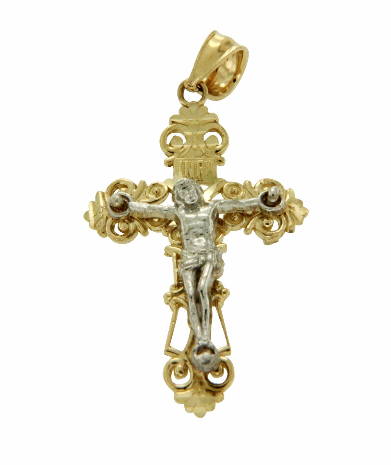 Luxo Solid 14k Tow Tone Gold INRI Latin Jesus Crucifix 27mm Height Cross Pendant