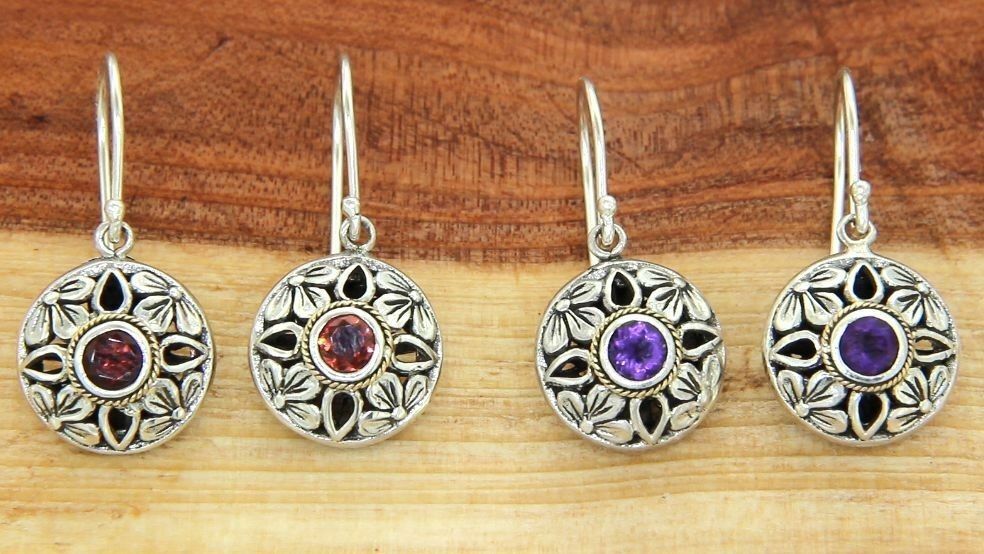 925 Sterling Silver 18k Gold Bezel St Garnet Amethyst Flower Dangle Earring»E113