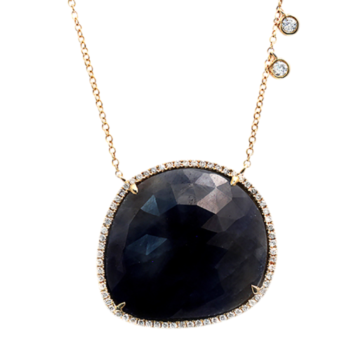 Rose Cut Sliced 32 CT Blue Sapphire 0.50 CT Diamonds 14K Yellow Gold Necklace