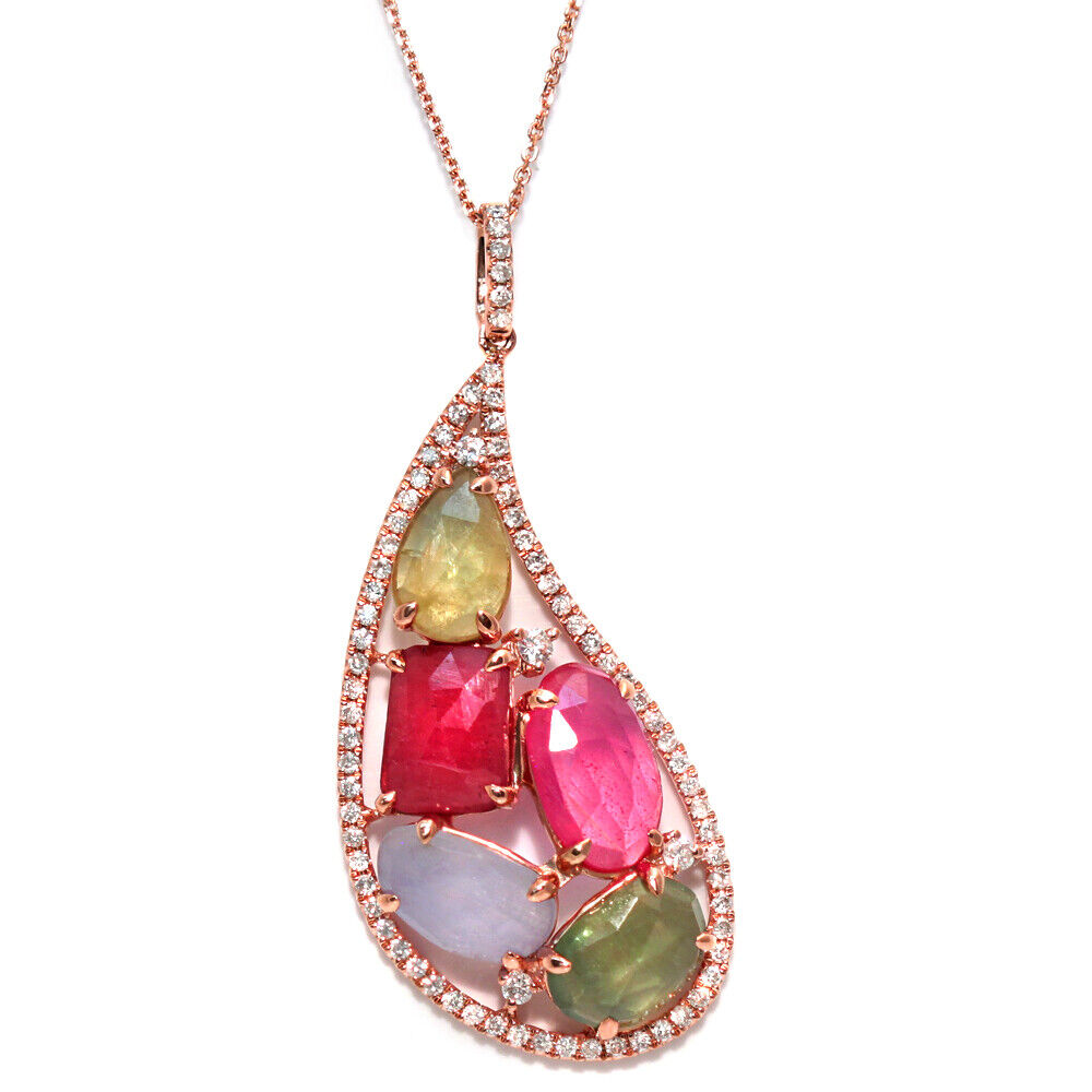 Luxo Jewelry Sliced 7.93 CT Multi Sapphire & 0.55 CT Diamonds 14K Rose Gold Necklace Size 16"