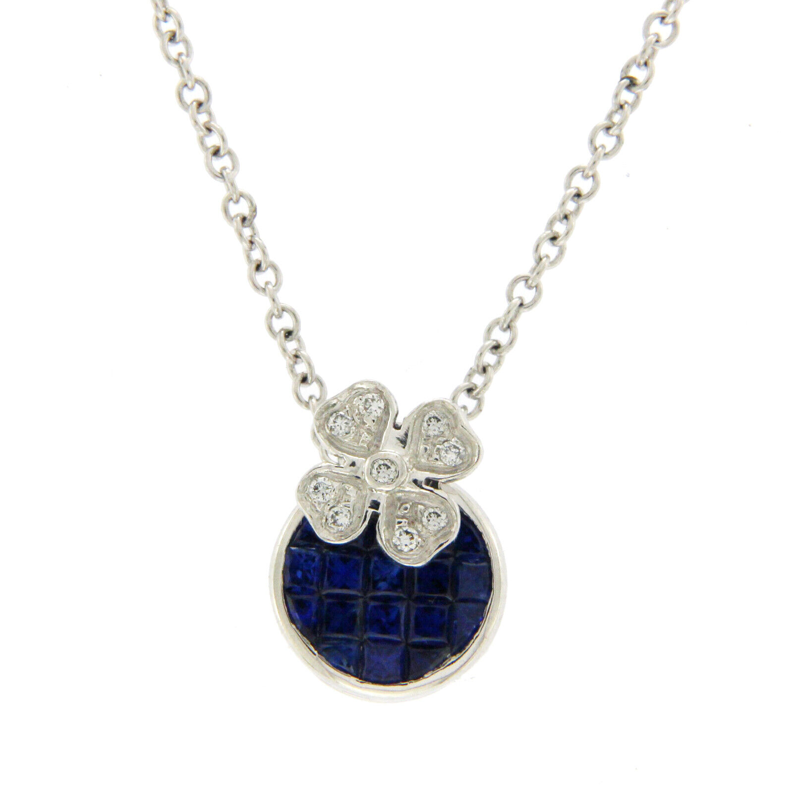 Luxo Jewelry 1.35 CT Natural Blue Sapphire & 0.08 CT Diamonds in 14K Gold Flower Necklace 16"