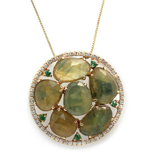 Rose Cut Sliced 11.98 CT Green Sapphire 0.40 CT Diamond 14K Yellow Gold Necklace
