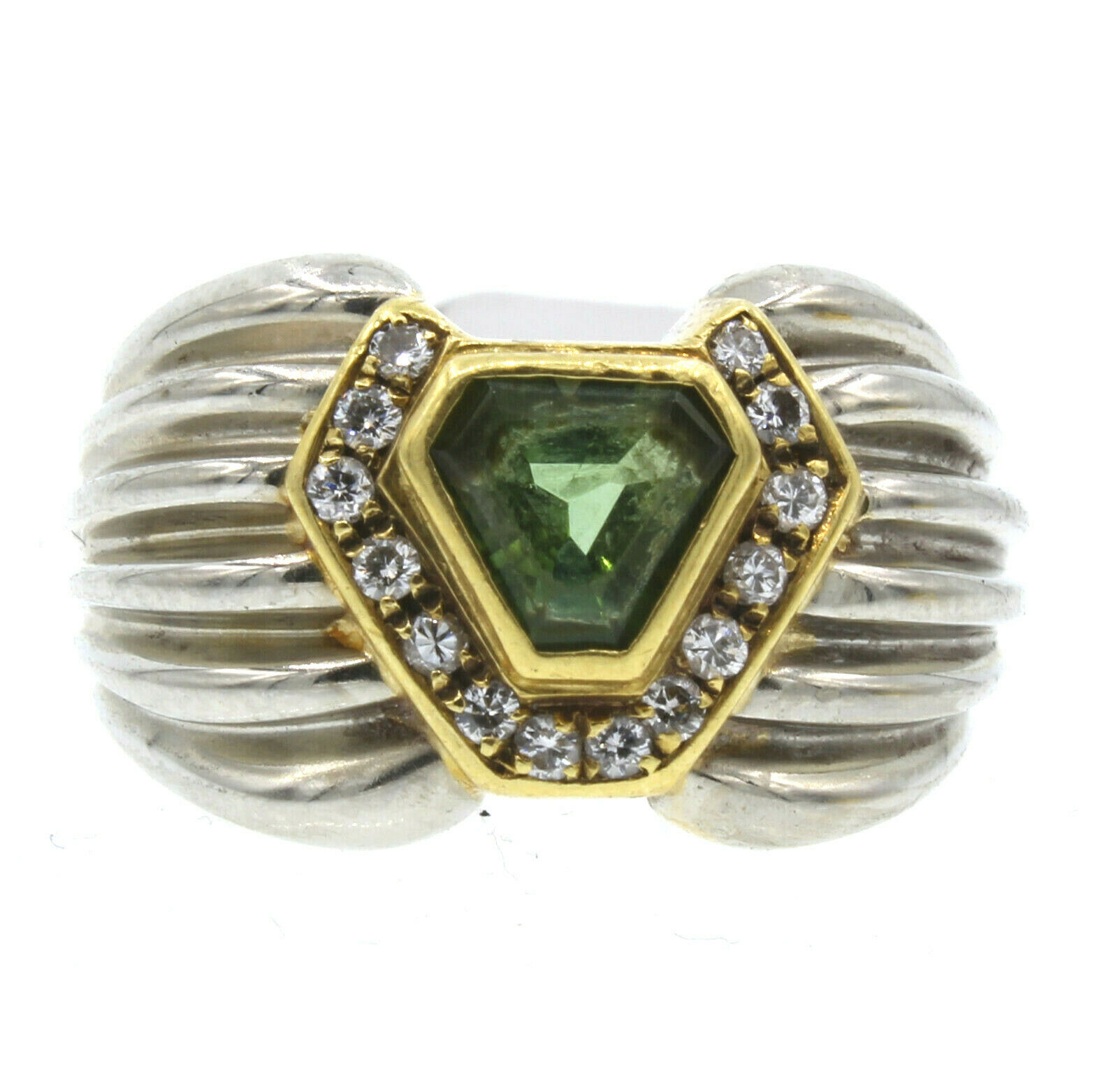 18K White/Yellow Gold Shield Green Stone Diamond Ring 10.8 Grams Size 6.5