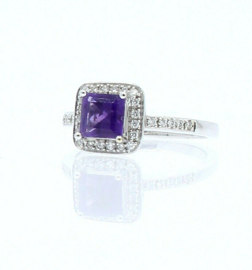 14k White Gold Square Amethyst Diamond Ladies Ring Size 6.5