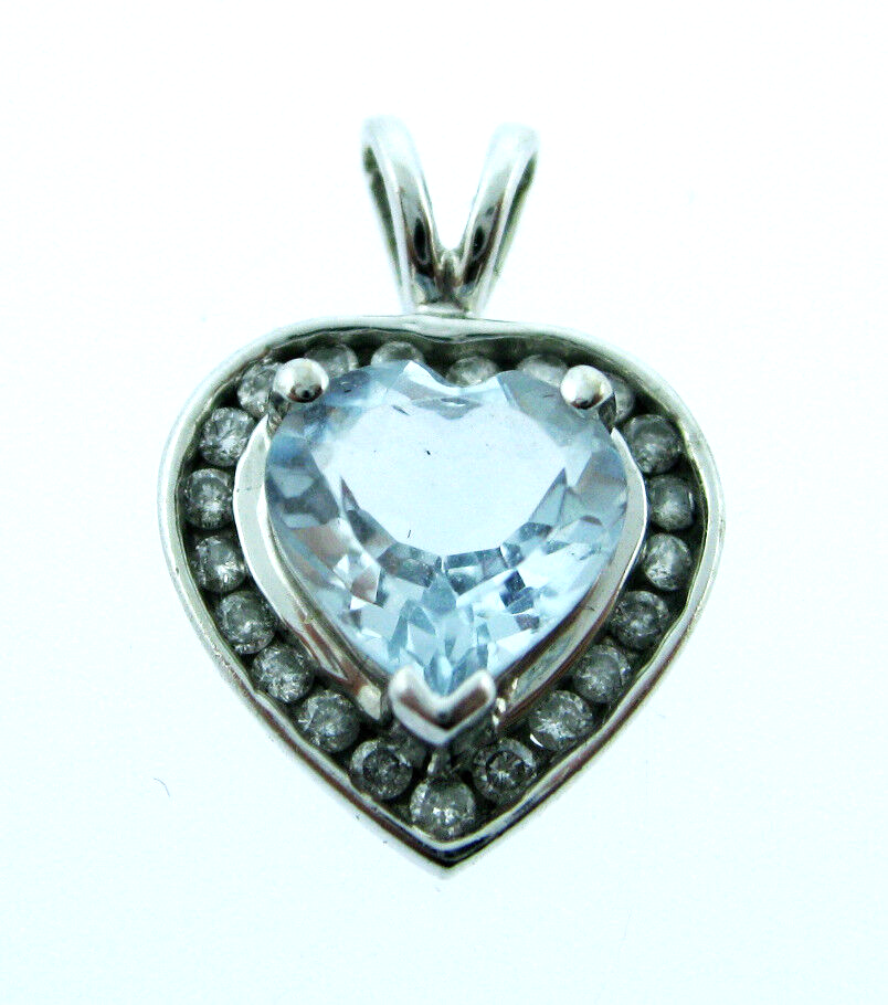 FINE ESTATE 14K WHITE GOLD AQUA STONE HEART DIAMOND PENDANT