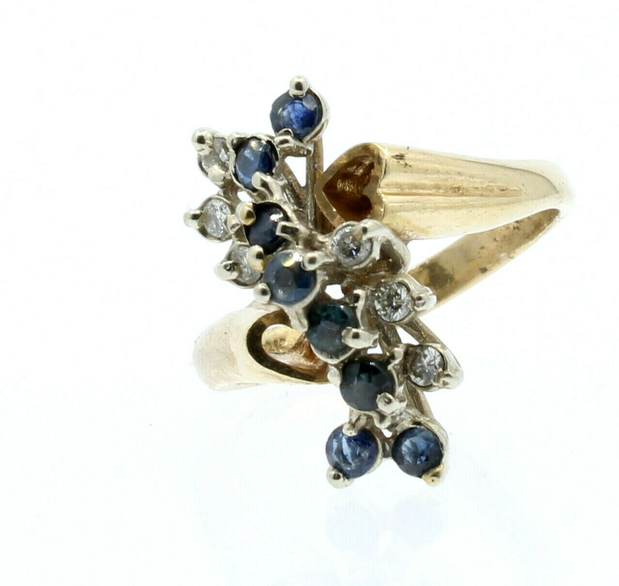 Estate 14k Yellow White gold Sapphire Diamonds Cluster Heart Ladies Ring Size 6