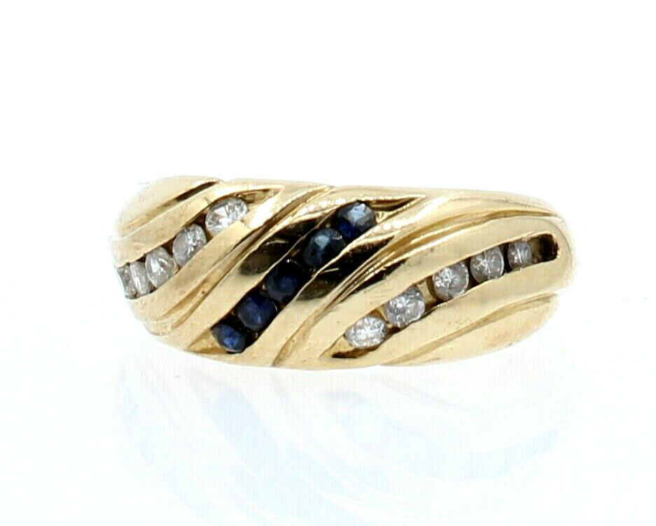 Fine Estate 14k Yellow Gold Sapphire Round Diamond Ladies Ring Band Size 6