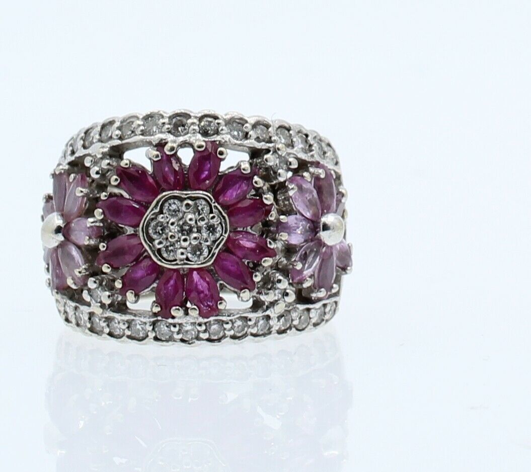 14k White Gold Diamond Pink Red Stones Flower Wide Ladies Ring Size 5