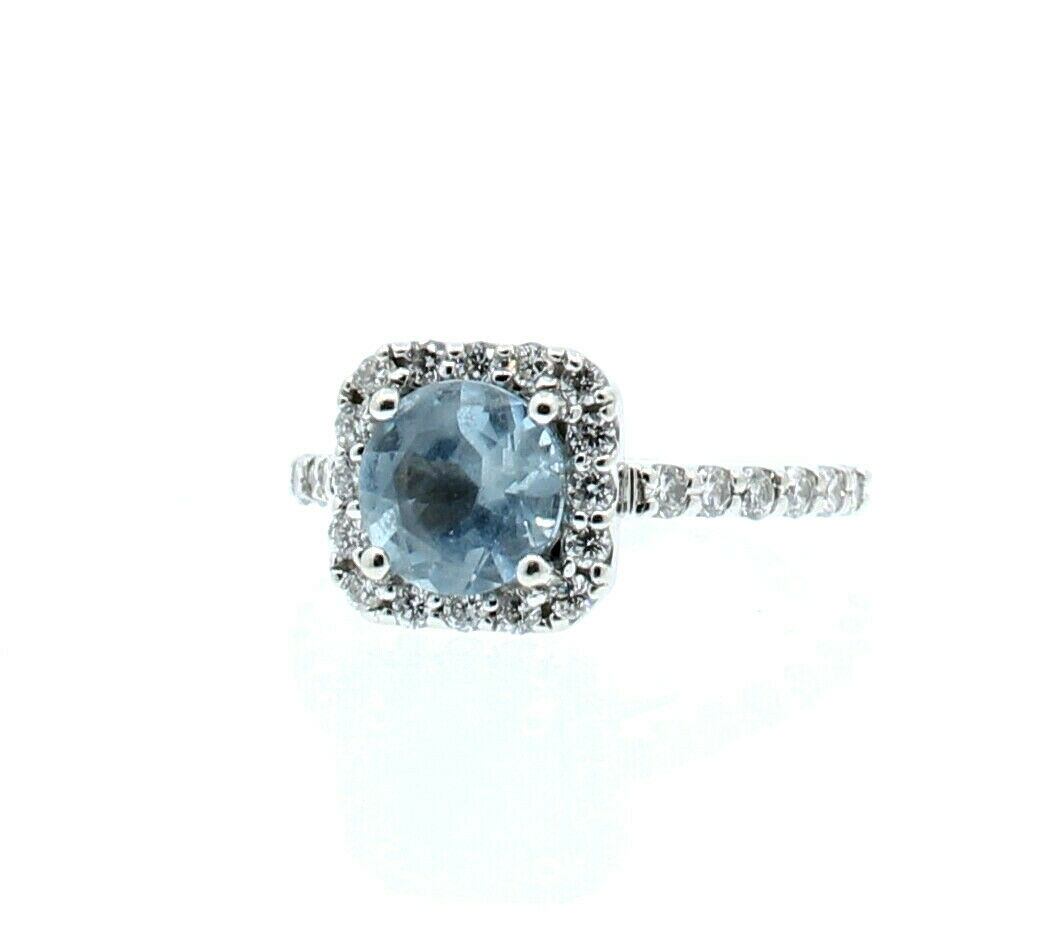 18k White Gold Diamond Round Blue Topaz Ladies Ring Size 4