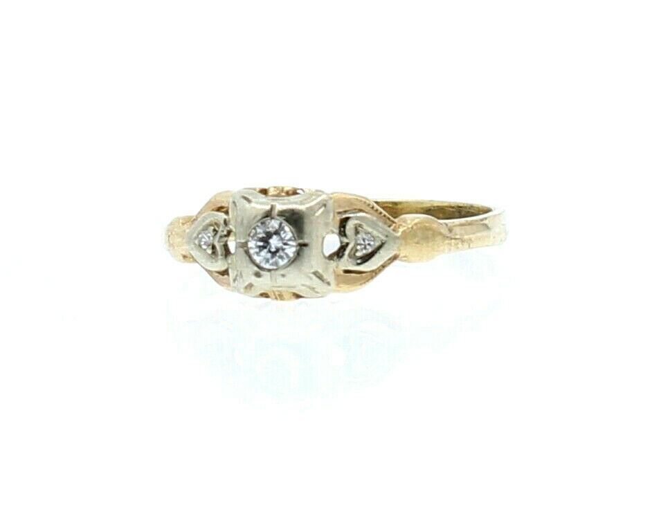 Vintage 14k Yellow White Gold .10ct 3 Diamond Heart Ladies Ring Size 6