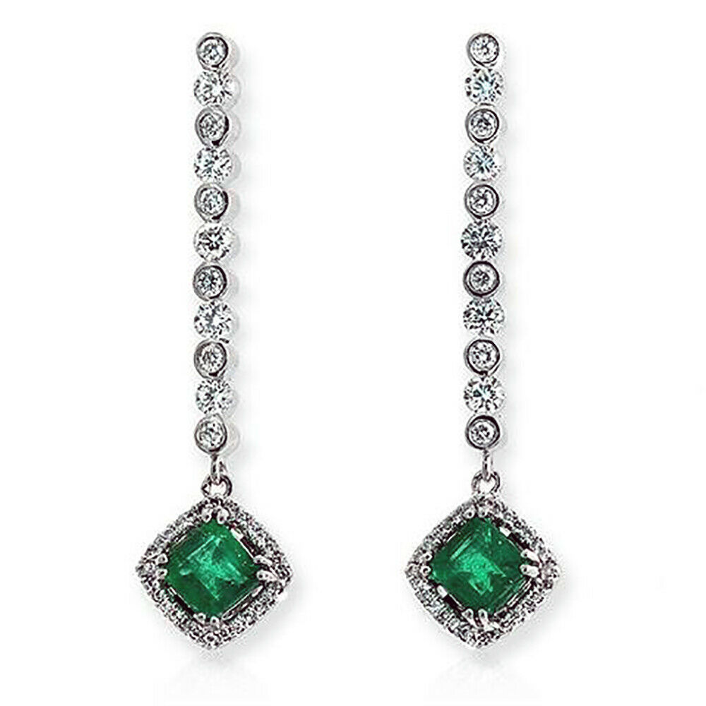1.56 CT Colombian Emerald  1.15 CT Diamonds 18K White Gold 1.5" Drop Earrings