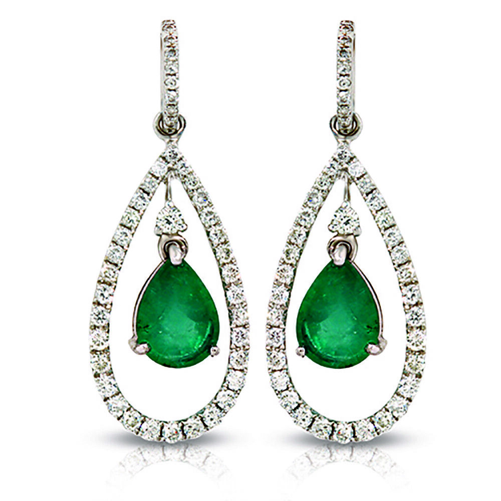 2.11 CT Colombian Emerald  0.98 CT Diamonds 18K White Gold  Dangle Earrings