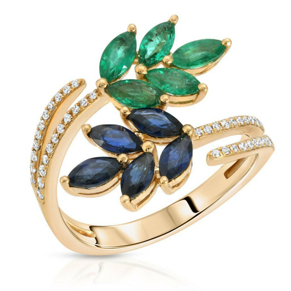 1.89 CT Emerald  Sapphire 0.25 CT Diamonds in 18K Yellow Gold Leaf Cluster Ring