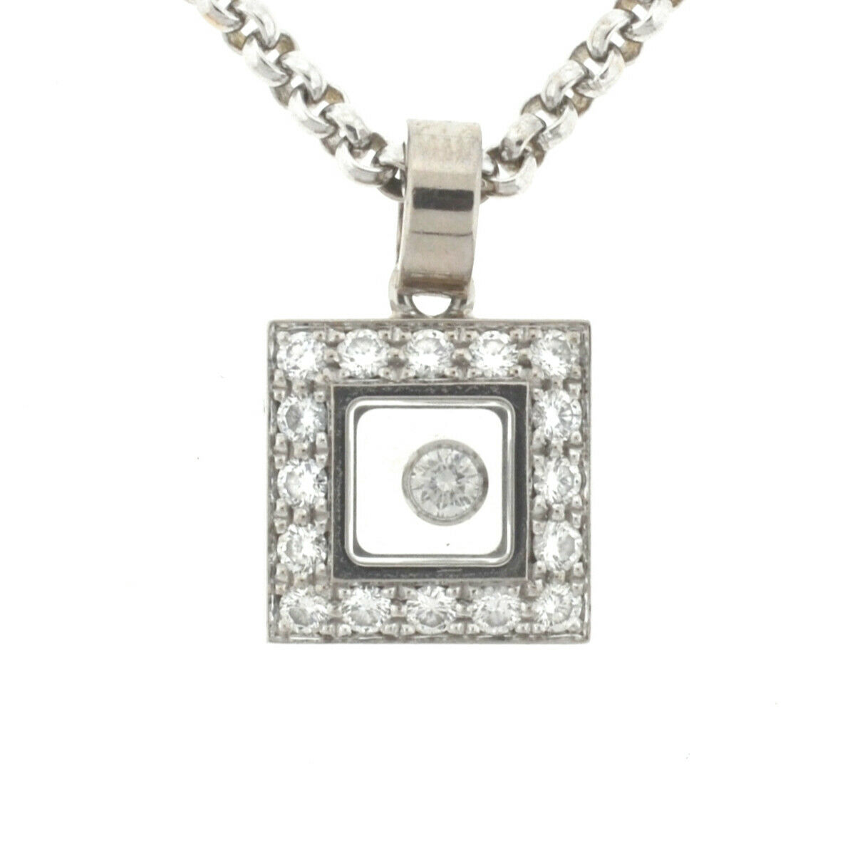 18k White Gold Chopard Square Happy Diamond Pendant Necklace 
