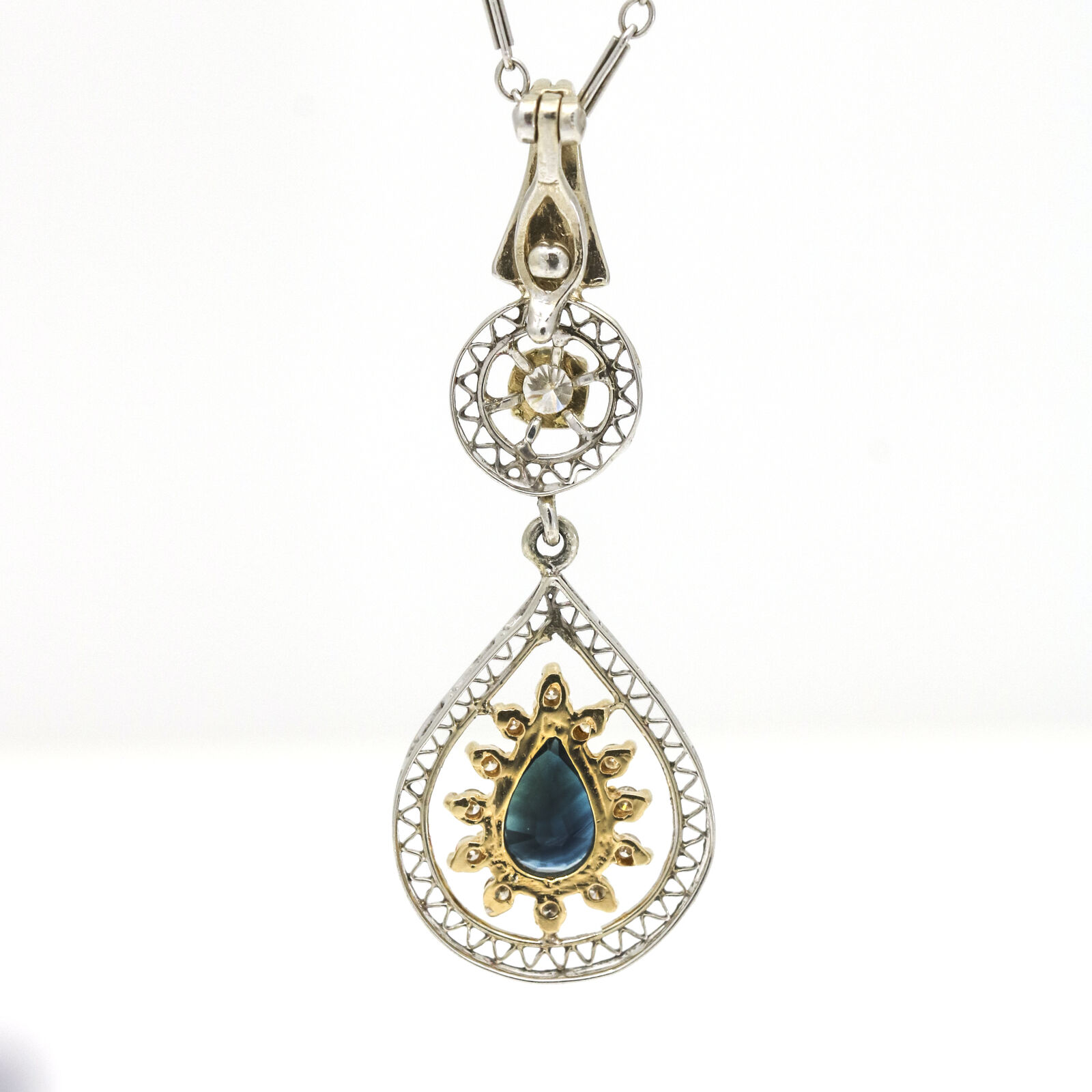 Diamond and Sapphire Pear Drop Dangle Pendant Necklace in 14k Gold ( .85 ct tw )