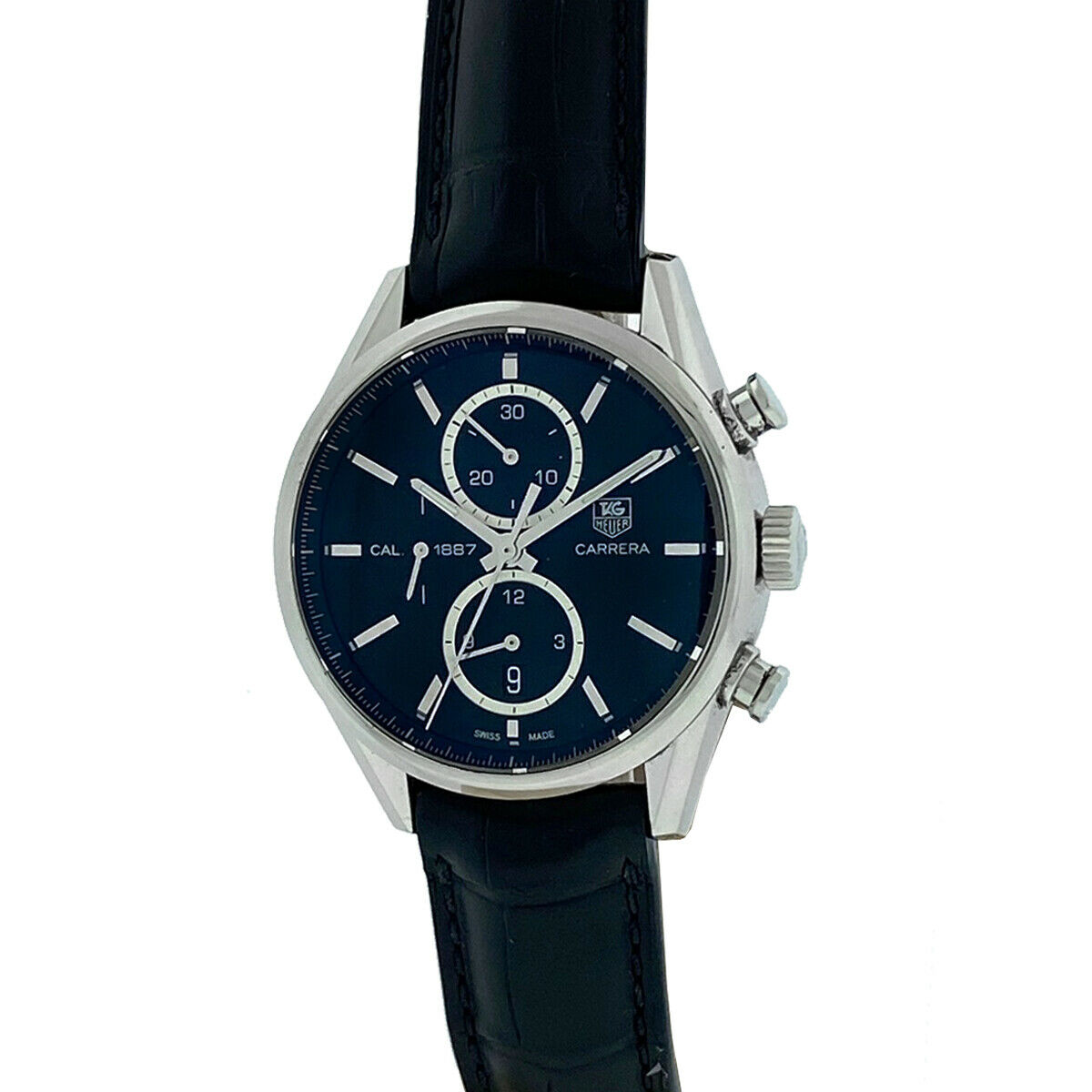 Tag Heuer Carrera Cal.1887 Black Dial Stainless Steel Watch on Leather Band 