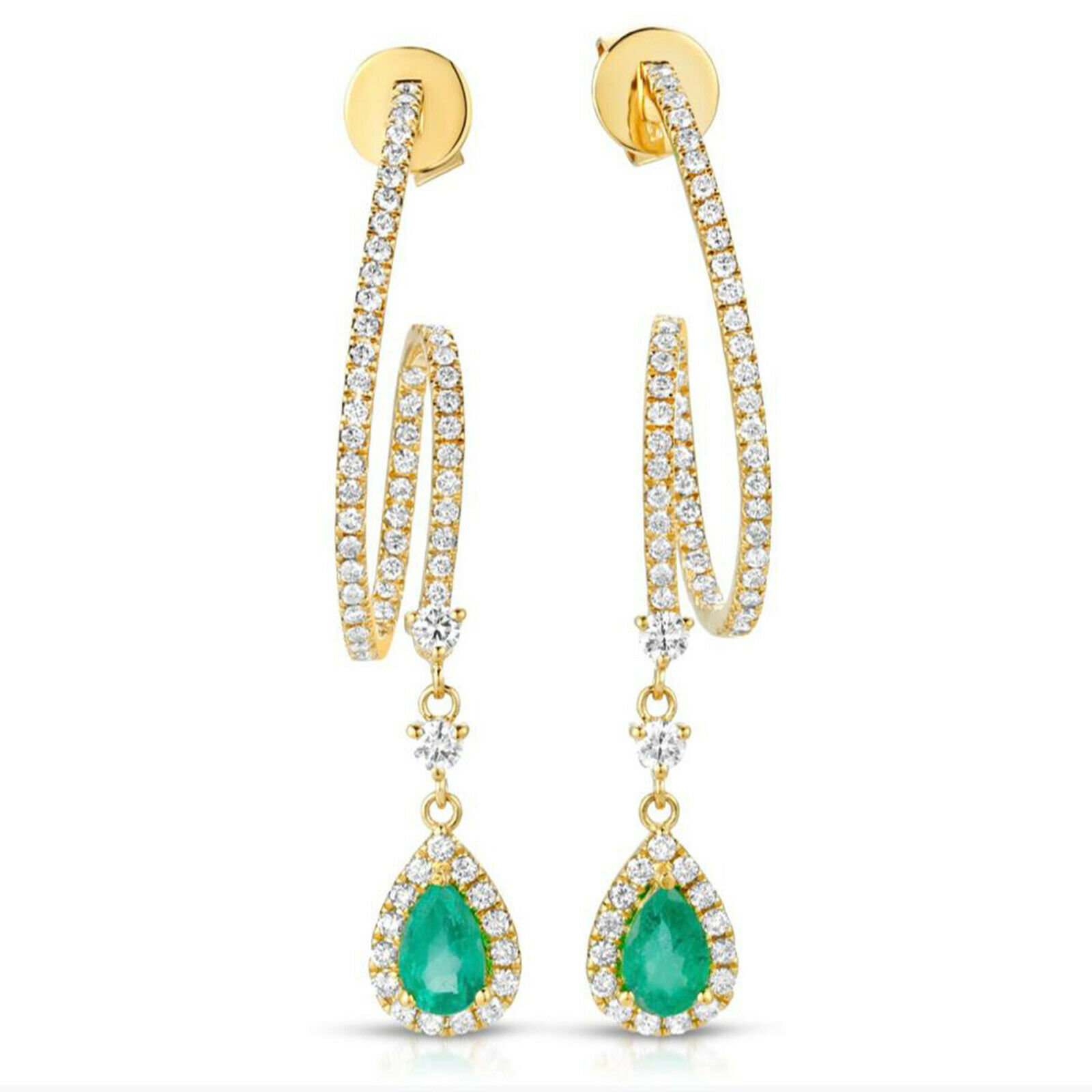 1.02 CT Colombian Emerald  1.04 CT Diamonds in 14K Yellow Gold Drop Earrings