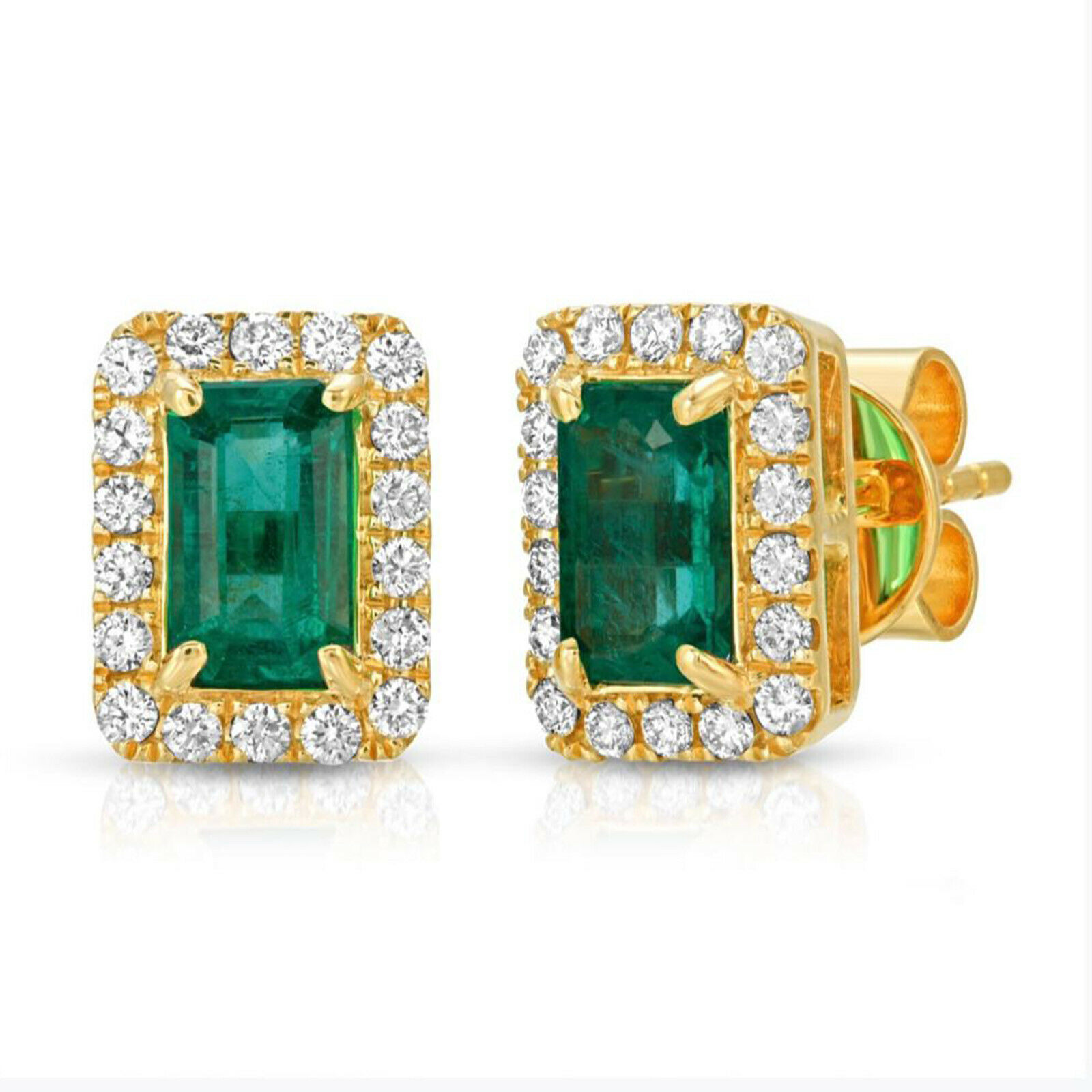 True 1.10 CT Colombian Emerald  0.30 CT Diamonds in 14K Yellow Gold Stud Earrings