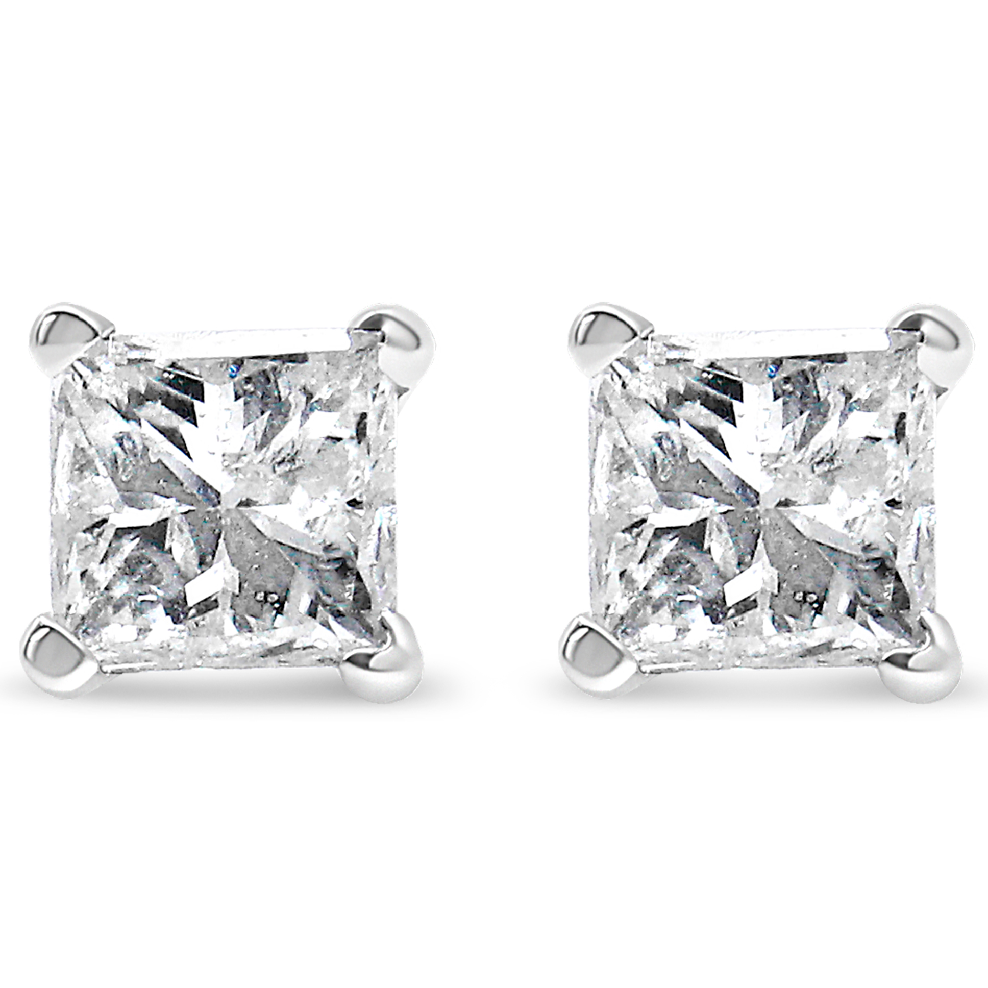 True AGS Certified 14k White Gold 1.0 Cttw 4-Prong Set Princess-Cut Solitaire Diamond Push Back Stud Earrings for Women (E-F Color, I1-I2 Clarity)