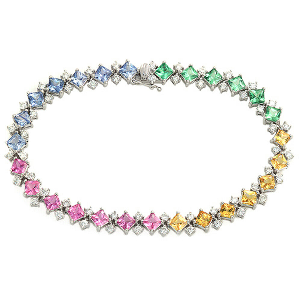 10.41 CT Multi Color Sapphire  2.10 Diamonds in 18K White Gold Bracelet Size 7"