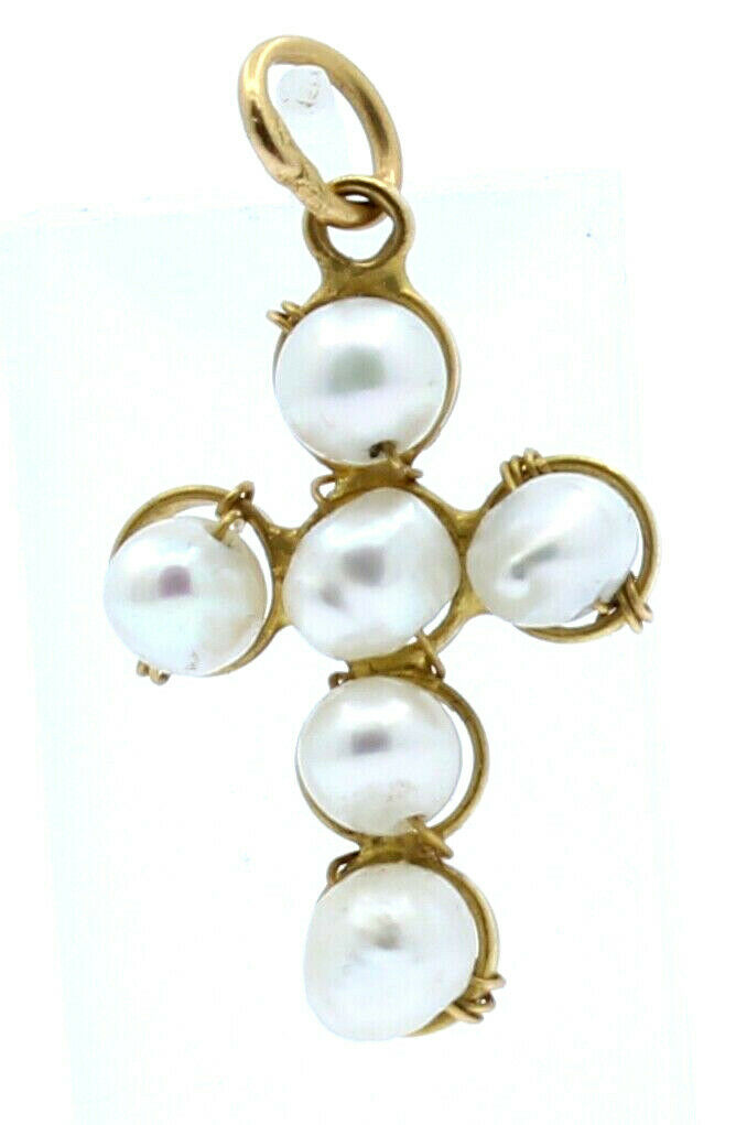 20K YELLOW GOLD CROSS PEARL PENDANT CHARM 