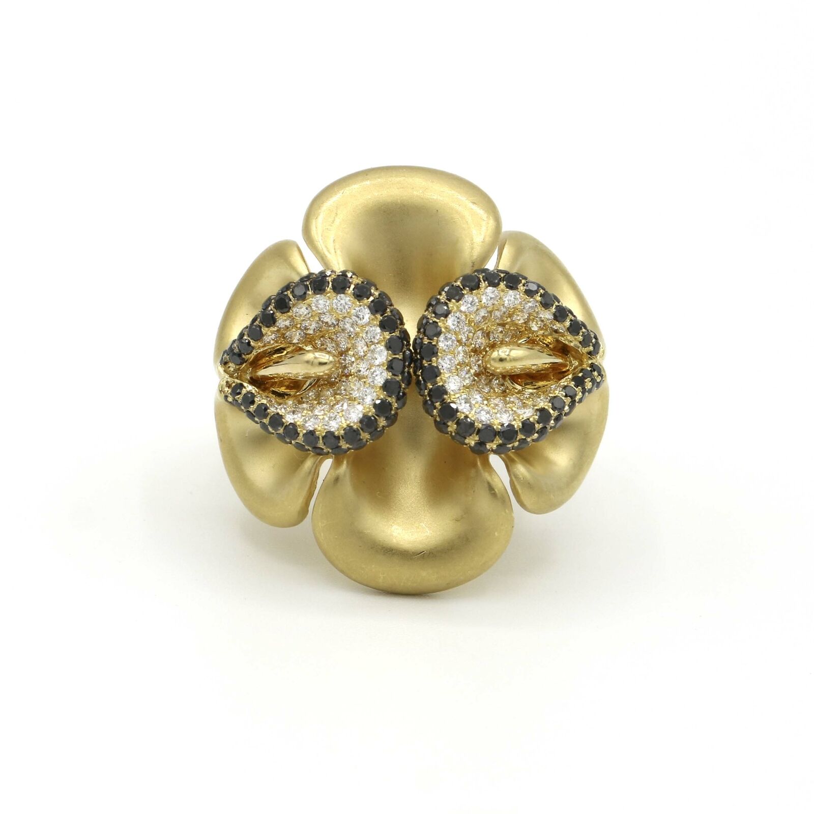 White and Black Diamond Calla Lily Statement Ring in 18k Yellow Gold