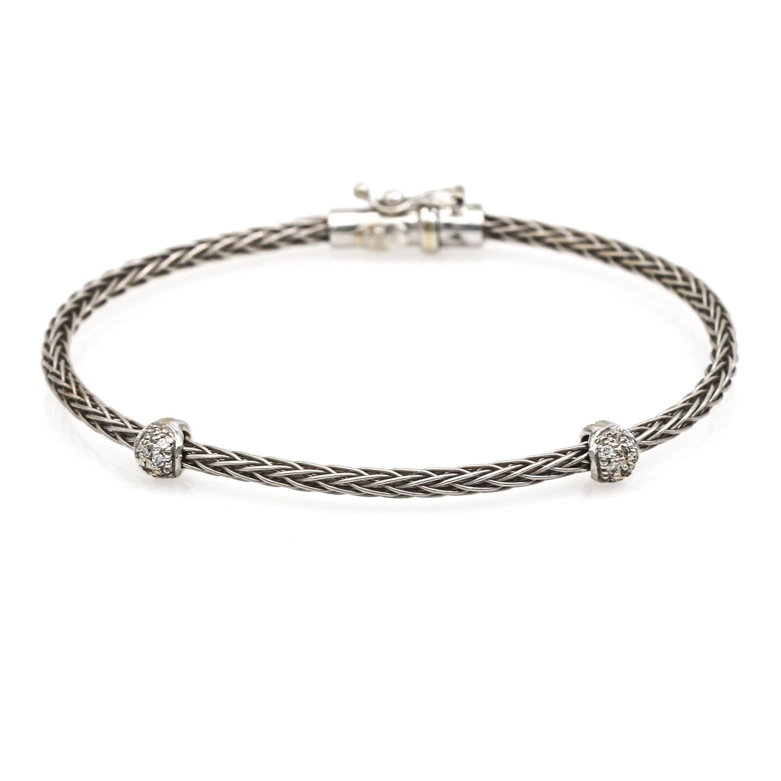 Roberto Coin Woven Silk Two Diamond Station Bangle Bracelet in 18k White Gold