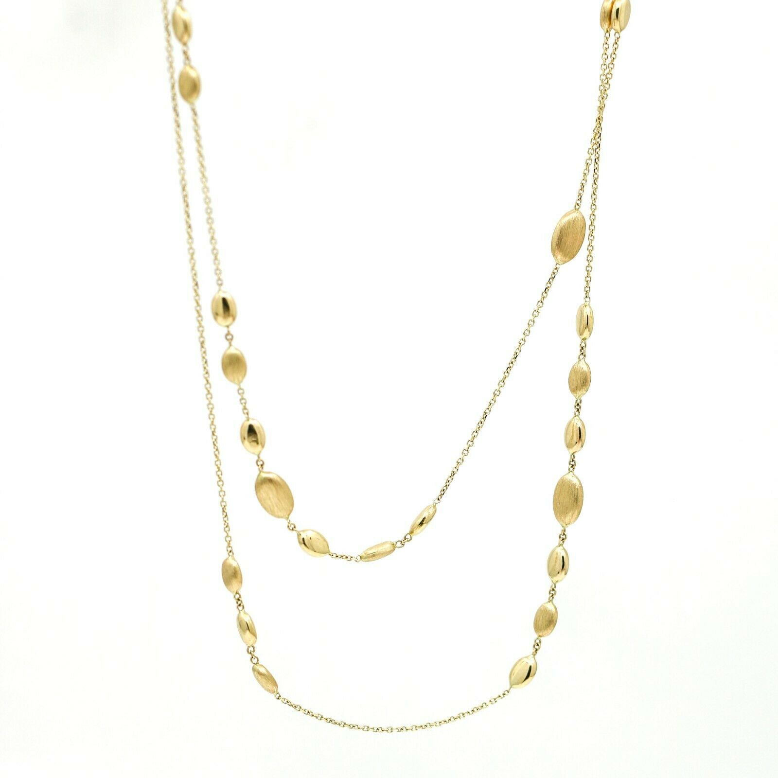 Women's Polished and Brushed Oval 14k Solid Gold Beads Long Station Necklace