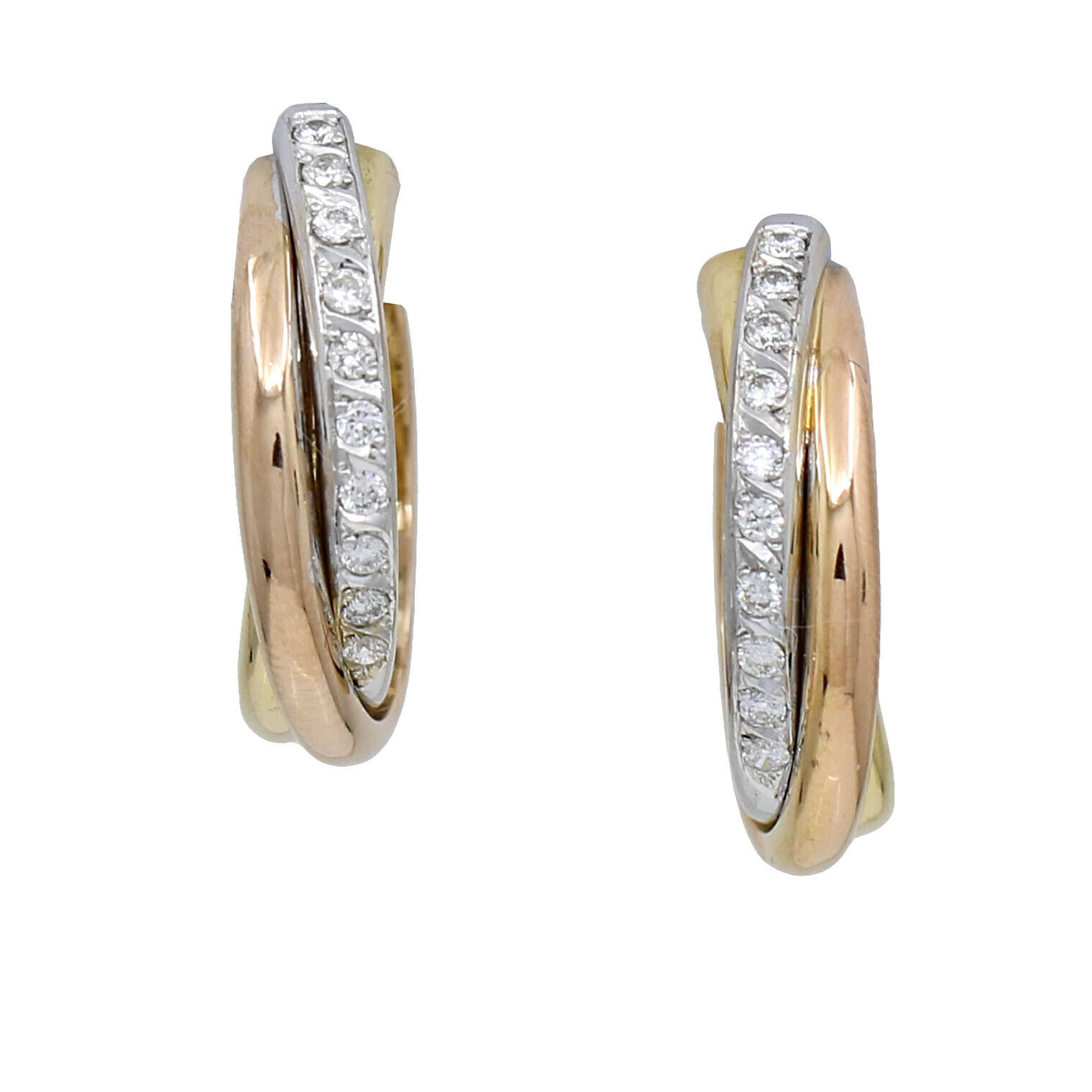 Women's Tri-Color Diamond Hoop Earrings in 18k Rose, White and Yellow Gold