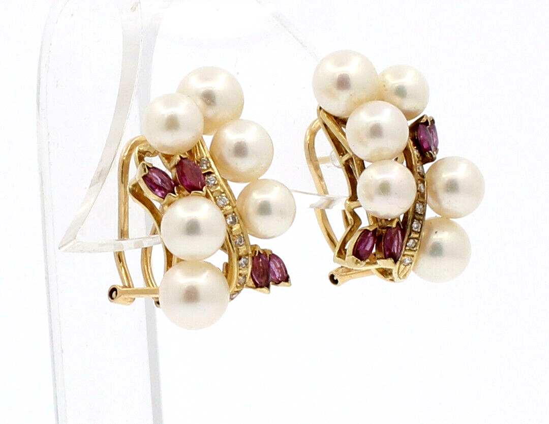 Fine Estate 14k Yellow Gold Pearl Ruby Diamond Earrings