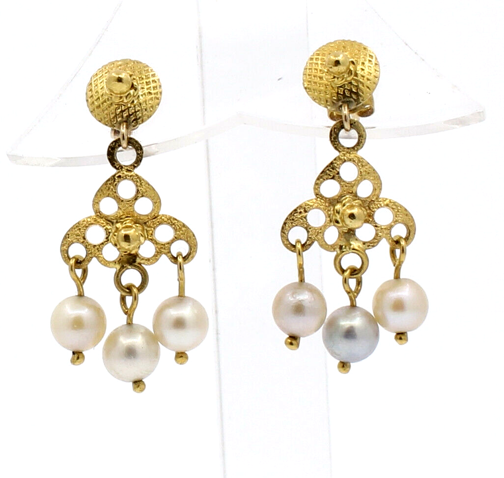 Fine Estate 14k Yellow Gold Pearl  Chandelier Earrings
