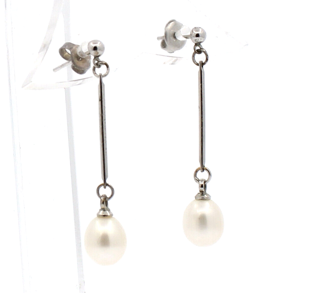 Fine Estate 14k White Gold Pearl  Dangle Earrings