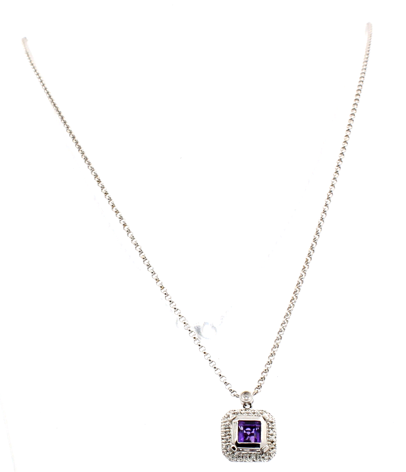 Fine Estate 14k White Gold Amethyst Diamond Pendant 19" Necklace 5.8 Grams