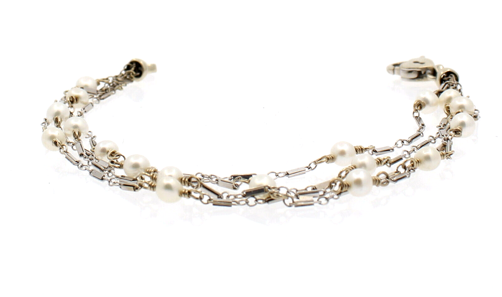 Fine Estate 14k White Gold Four Strand Pearl Bracelet 7" 8.2 Grams