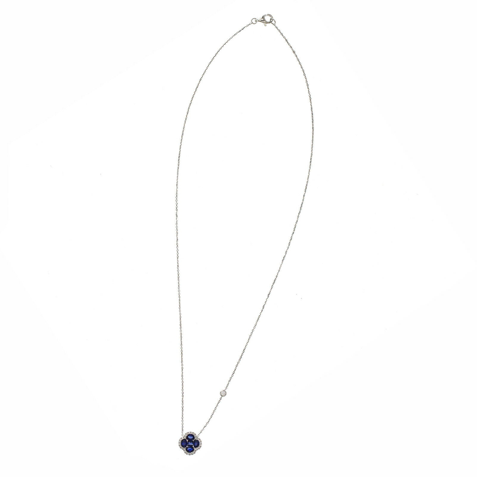 0.69CT Sapphire 0.28 CT Diamond 18K White Gold Four Leaf Flower Pendant Necklace