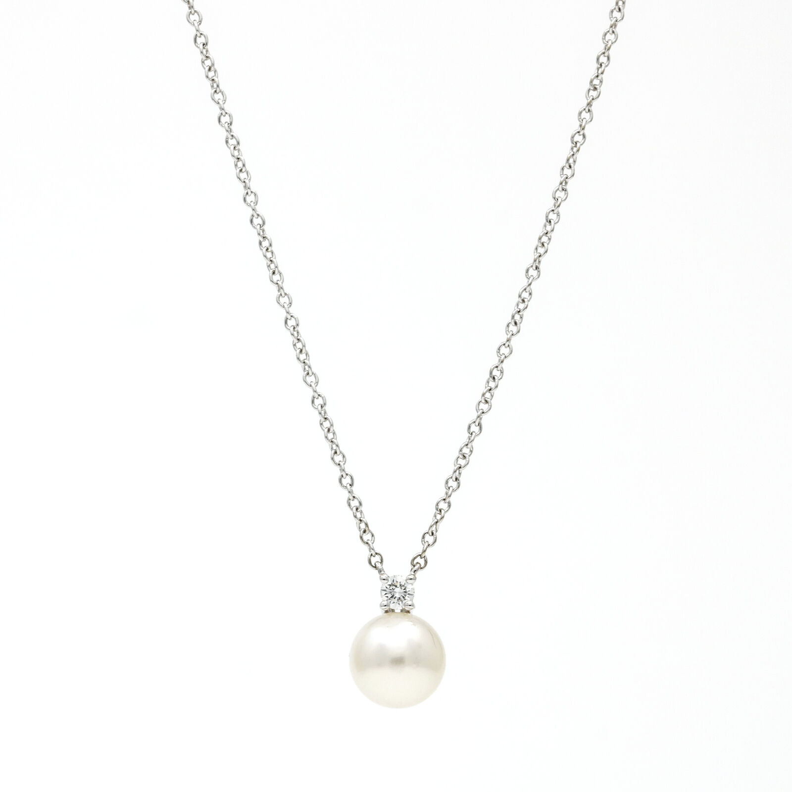 Tiffany  Co. Signature Akoya Pearl Diamond Pendant Necklace 18k White Gold