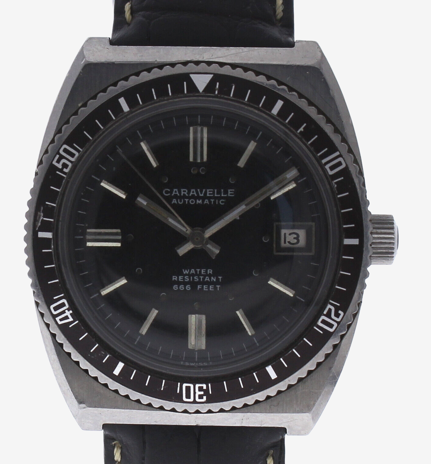 Vintage Bulova CARAVELLE 666FT Automatic Stainless Steel  Black Dial Diver Watch