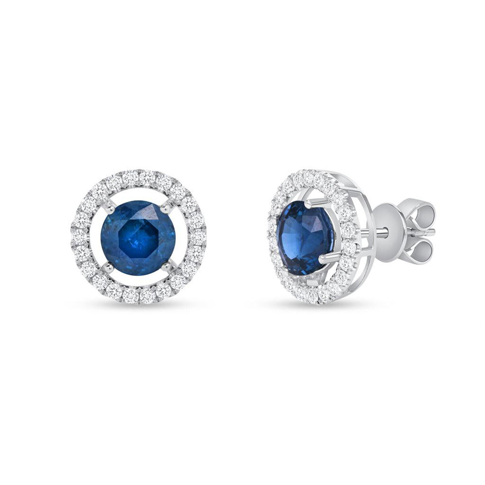 1.89 CT Natural Blue Sapphire 0.44 CT Diamonds 14K White Gold Stud Earrings