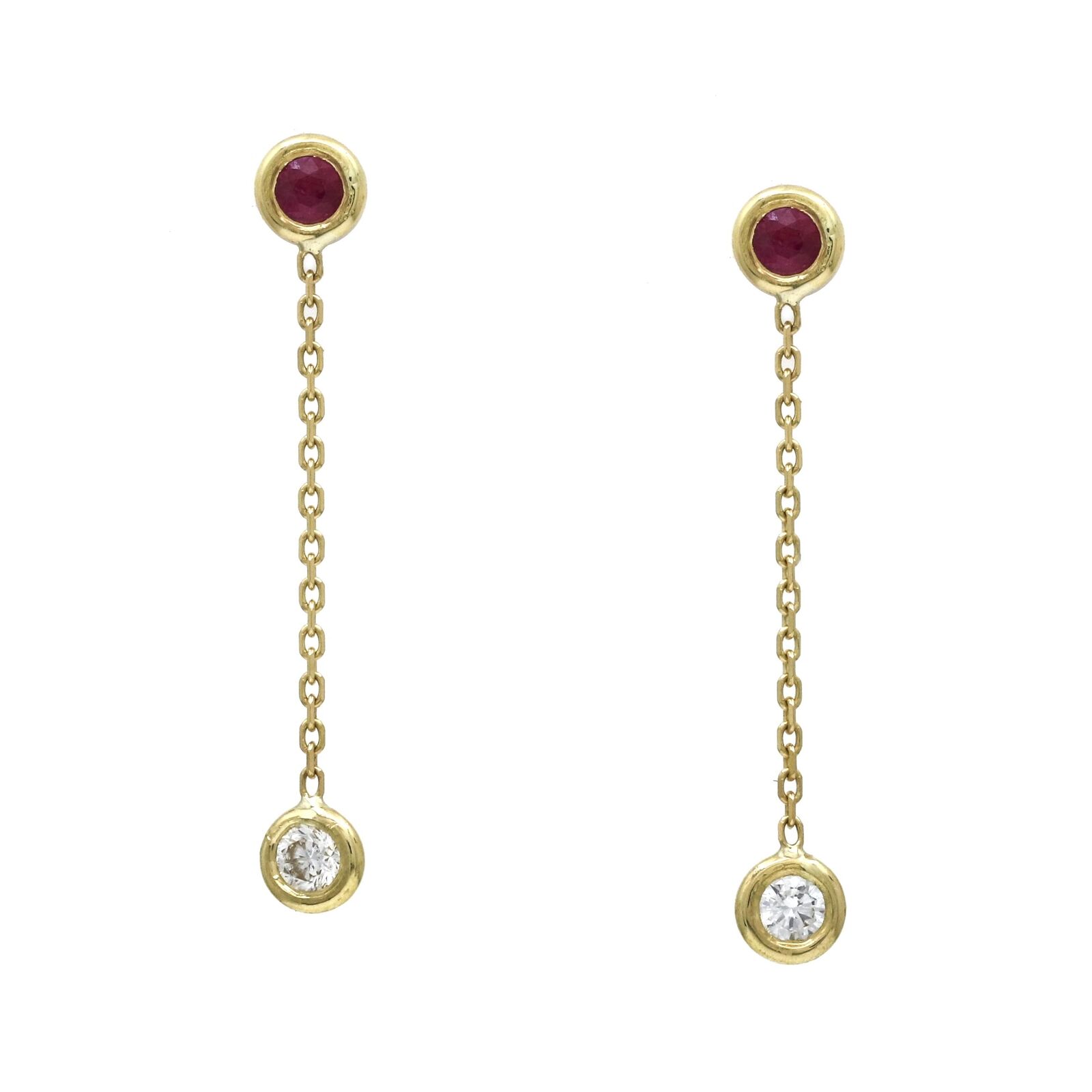 Jennifer Rivera Aros Dangle Earrings in 18k Yellow Gold with Ruby and Diamond
