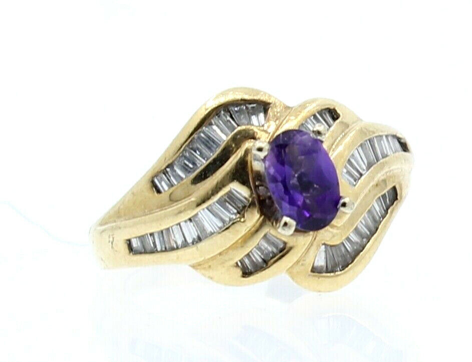 14K YELLOW GOLD PURPLE STONE BAGUETTE DIAMONDS LADIES RING SIZE 4.75