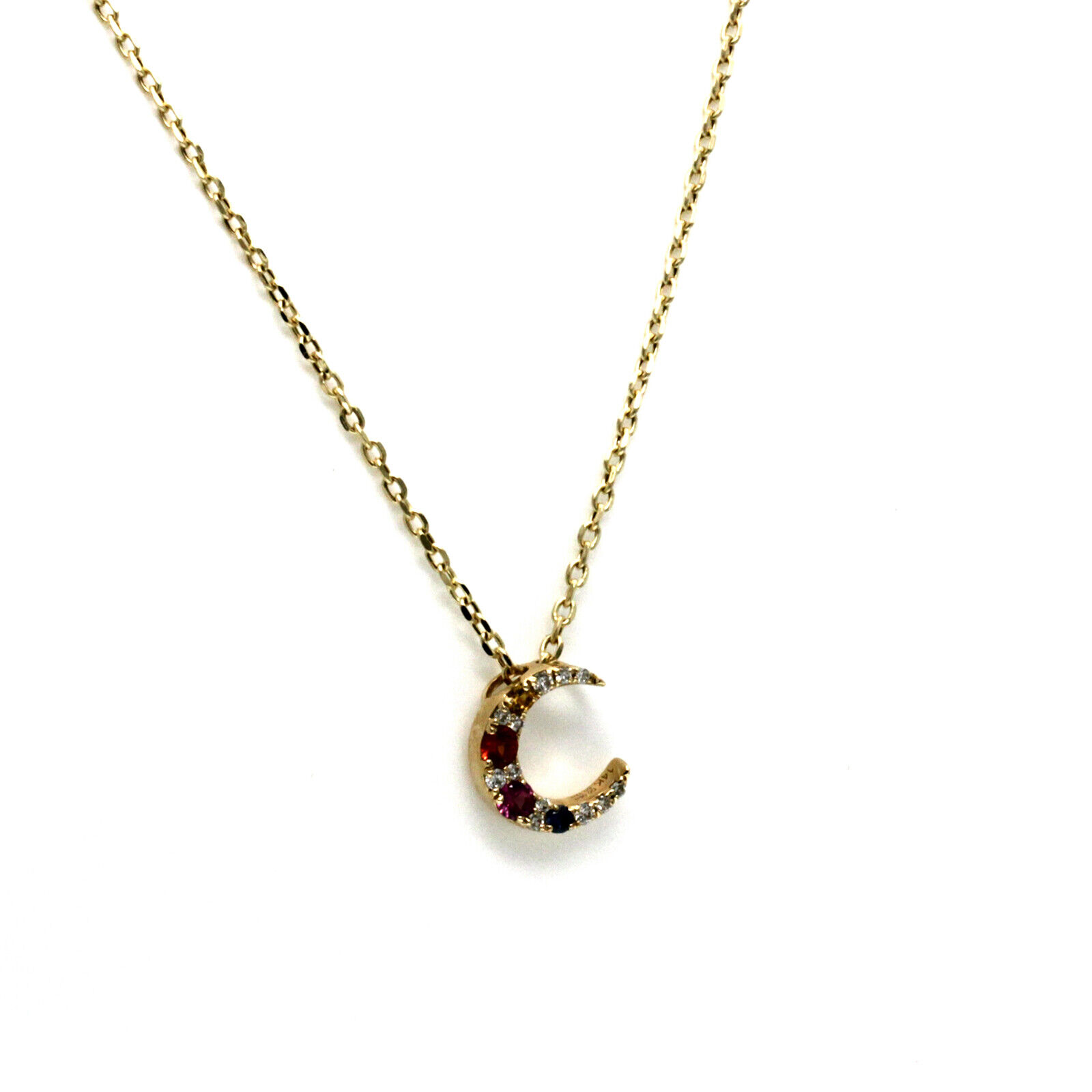 Sapphires 0.06 CT Diamond 14K Yellow Gold Crescent Moon Necklace 16"-18"